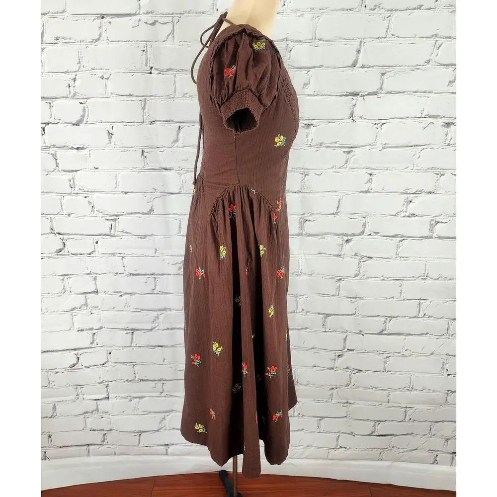 Free People Dress Maisie Midi Brown Floral Boho Embroidered size XS Cottage Core - Picture 3 of 13